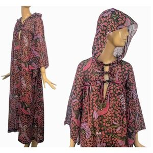 Vintage 70s Hooded Flare Sleeve Maxi Dress Batik Peacock Print Sheer Cotton Gown